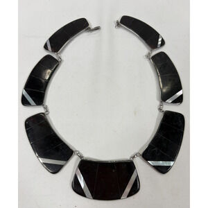 Vintage Black Panel Statement Necklace Silver Tone Inlay Geometric Link Design